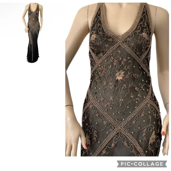Vintage Cache Silk Beaded Open Back Formal Y2K Gown Dress Black 90s Size 2 - Picture 4 of 16